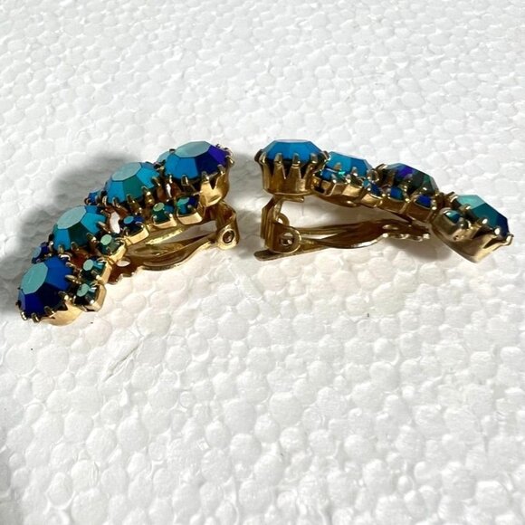 Vtg Weiss Blue Aurora Borealis Crystal Clip-On Earrings 1.25" Signed 50s Glam - Picture 8 of 10